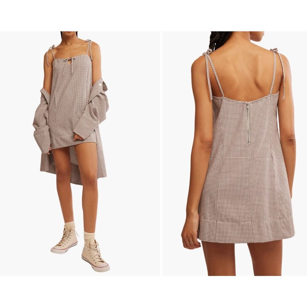 Free People Arlo Plaid Mini Gingham Dress Women's Small Brown and Ivory